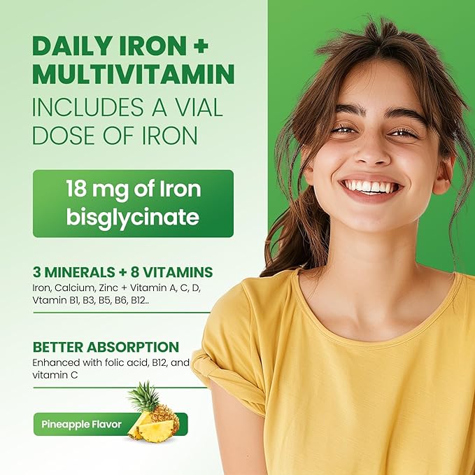 Iron Gummies with Multivitamin, Iron Supplement Gummies for Women & Men with Vitamin B Complex & C, Folate for Kids & Adults - Blood Builder, Energy, Iron Deficiency & Anemia Support Pineapple 120 ct