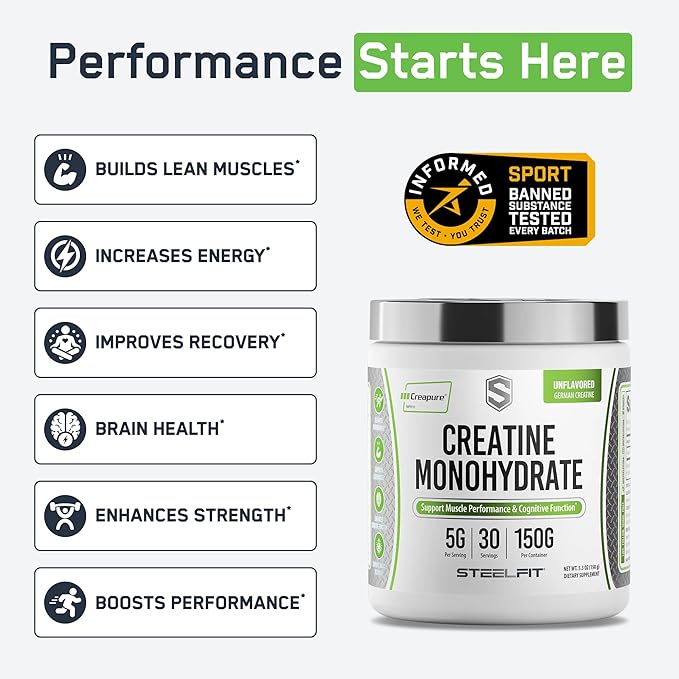 SteelFit Creapure Creatine Monohydrate Powder - German Micronized Creatine Powder for Men & Women - Gym Workout Nutritional Supplements for Muscle Gain, Brain Health & Strength Building, 30 Servings
