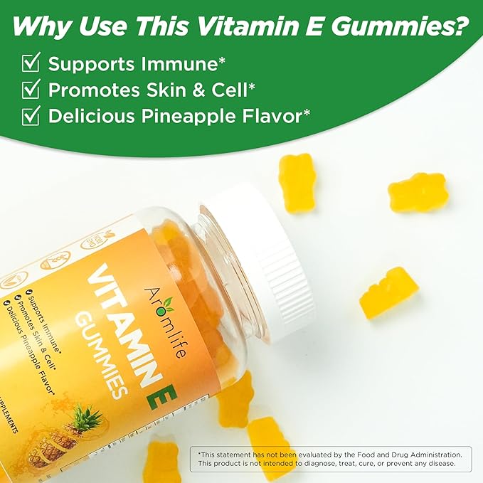 Aromlife Vitamin E 400 IU Gummies for Immune, 268mg Per Serving Vitamin E Gummies for Women and Men Skin Glow & Cell Wellness, 60 Count Pineapple Flavor Sugar-Free Gluten-Free