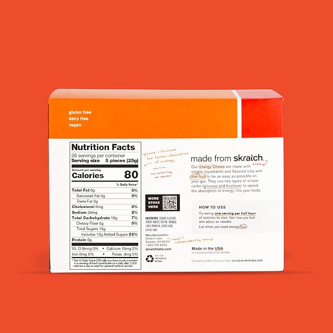 Skratch Labs Energy Chews | Gummies for Running, Cycling & Endurance Quick Carbs for Athletes, Easy to Digest, Real Fruit | Gel Alternative for Long Runs & Rides | Orange 10 Pack | Gluten Free, Vegan