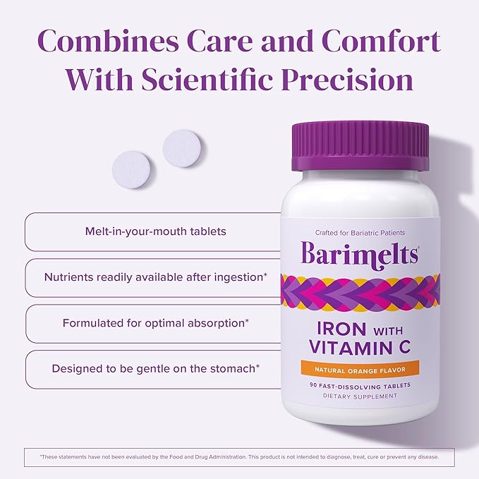 Barimelts Iron with Vitamin C, 90 Fast-Dissolving Tablets (1-Month Supply), Sugar-Free Bariatric Iron Supplement for Women, Natural Orange Flavor