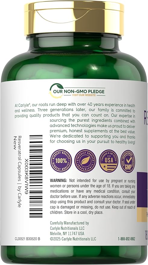 Carlyle Resveratrol Complex - 180 Capsules - Trans Resveratrol Supplement with Grape Seed Extract - Non GMO, Gluten Free