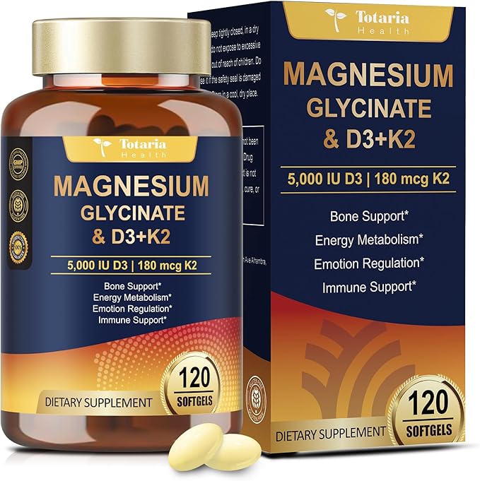 9-in-1 Magnesium Glycinate 500mg + Vitamin D3 5000 IU & K2 Complex - High Absorption - Healthy Stress, Sleep, Muscle Function, Bone Health & Energy Supports | Non-GMO, Gluten-Free 120 Softgels