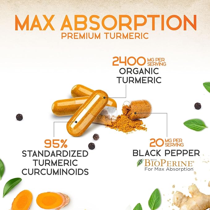 Turmeric Curcumin Supplement 2600mg - 95% Curcuminoids with Organic Turmeric & BioPerine Black Pepper for Best Absorption, Nature's Vegan Joint Support, Non-GMO Tumeric, Bottled in USA - 120 Capsules