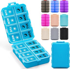 Foldable Weekly Pill Organizer 2 Times a Day with 2 Extra Compartments (Clear Printed Labels) - Portable 7 Day AM PM Medicine Box, Week Daily Travel Pill Case Holder for Vitamin, Supplement - Blue