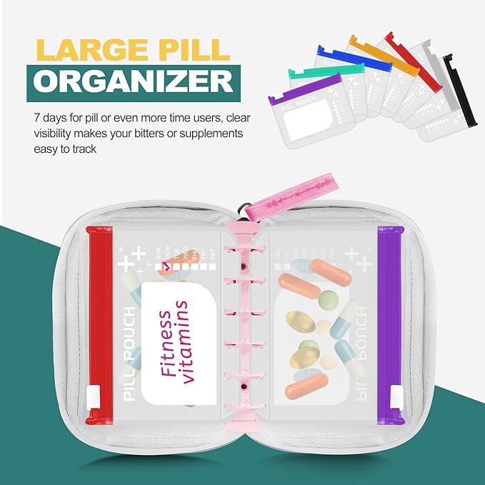Timueetech A7 Waterproof Pill Organizer with 7 PCS L Size Zippered Pill Pouches for A7 Binder, Large BPA-Free Weekly Medicine Organizer, Color-Coded Reusable Travel Pill Storage System