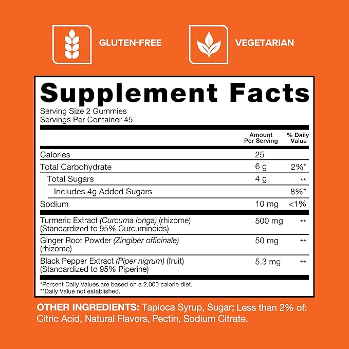 Qunol Turmeric and Ginger with Black Pepper Gummies, Turmeric Curcumin Supplement, Joint Health Support Gummy, 90ct Gummies