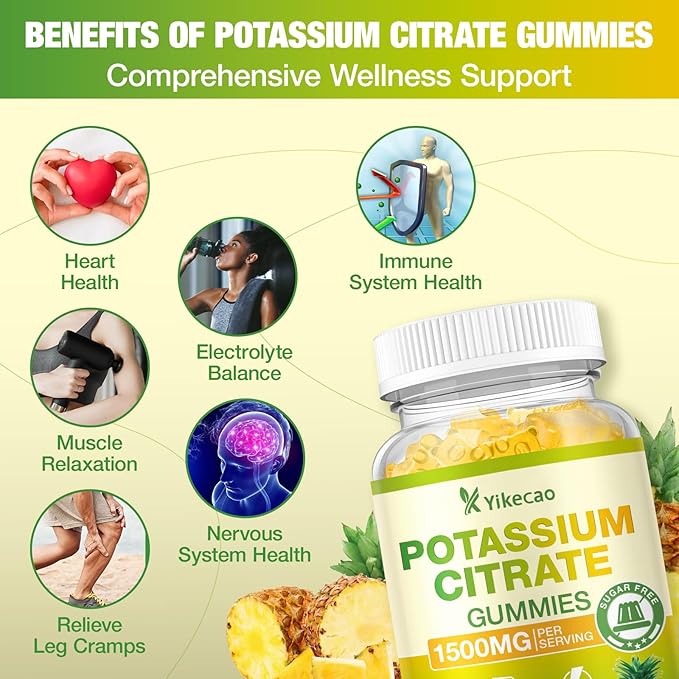 1500mg Potassium Citrate Gummies, Sugar-Free Potassium Supplement Gummies for Adults Women & Men, Support Leg Cramps & Electrolyte Balance, Vegan, Pineapple Flavor, 60 Count