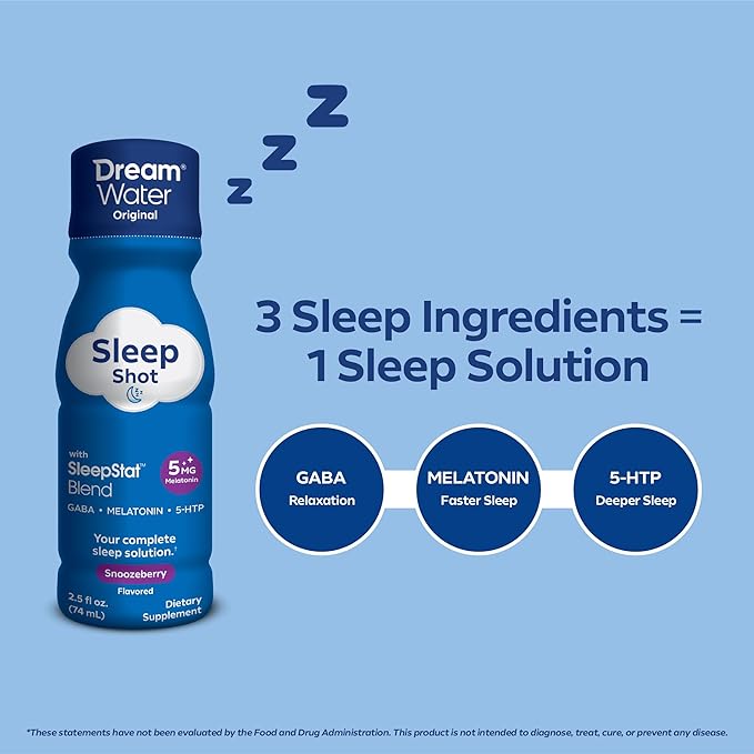 Dream Water Sleep Shots (24 Count) Sleep Aids for Adults - 5mg Melatonin, GABA, 5-HTP - Natural Snoozeberry Flavor (Blue Raspberry) - Liquid Melatonin Supplement - Zero Sugar & Gluten Free - 2.5 oz