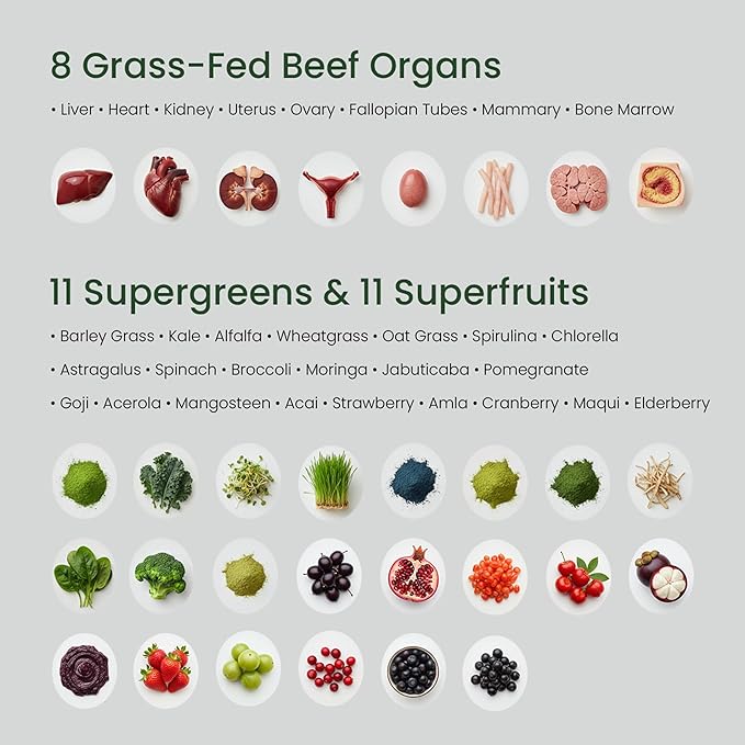Grass Fed Beef Organ Supplement for Women with Super Greens & Antioxidant Fruits – 60+ Bioavailable Nutrients for Hormone Balance, Cycle Comfort, Primal Energy, Immunity, Hair & Skin – 3 Month Supply
