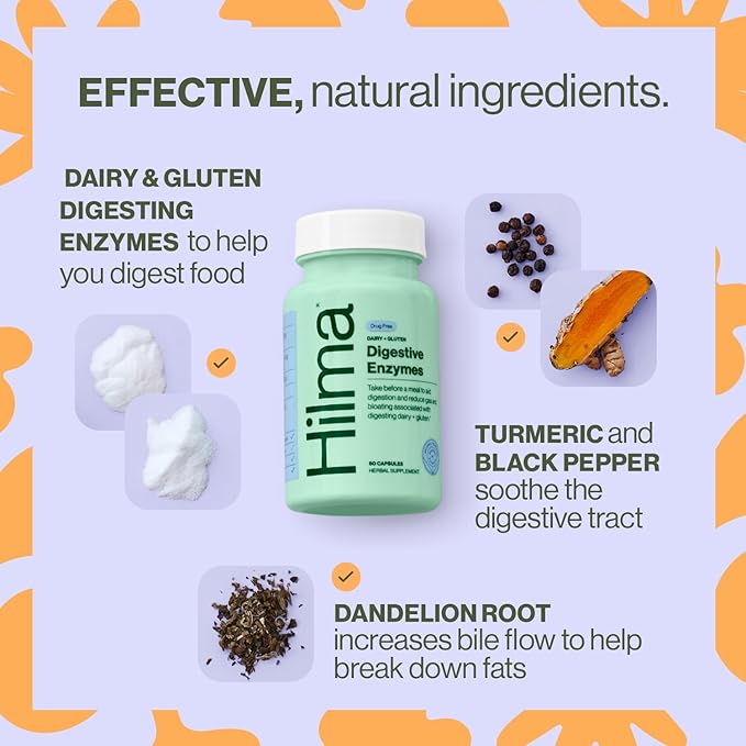 Hilma Digestive Enzymes for Women, Bloating Relief with Turmeric, Dandelion Root and Gluten Digestive Enzymes, Natural Gluten and Dairy Relief Pills, 60 Vegan Capsules