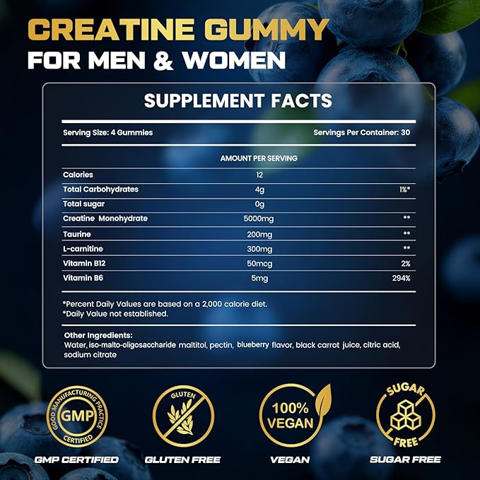 Creatine Gummies for Men & Women, 5-in-1 Complex with Taurine, L-Carnitine, Vitamin B12 & B6 Support Muscle, Strength & Recovery, 5g Creatine Monohydrate Gummies Post & Pre Workout Supplements, 120 Ct
