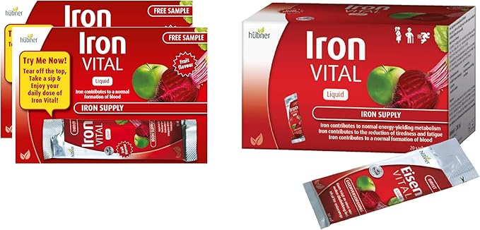 hübner Iron Vital Liquid Iron Supply Plus Vitamin C, Dietary Supplement for Adults and Kids, Vegan and Gluten-Free, Fruit Flavor, Box of 20 Packets + 2 Extra Packets, 10 ml Each