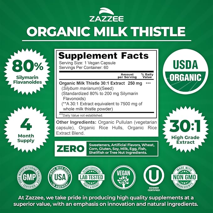 Zazzee USDA Organic Milk Thistle 30:1 Extract, 80% Silymarin, 60 Vegan Capsules, 2 Month Supply, Certified Kosher, High Potency Liver & Antioxidant Support, Silybum Marianum, Non-GMO, Made in the USA