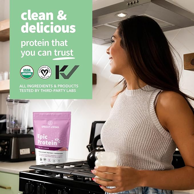 Sprout Living Epic Protein, Plant Based Protein & Superfoods Powder, Pro Collagen, Berry | 15 Grams Organic Protein Powder, Vegan, Non Dairy, Non-GMO, Gluten Free, Low Sugar (0.7 Pound, 12 Servings)