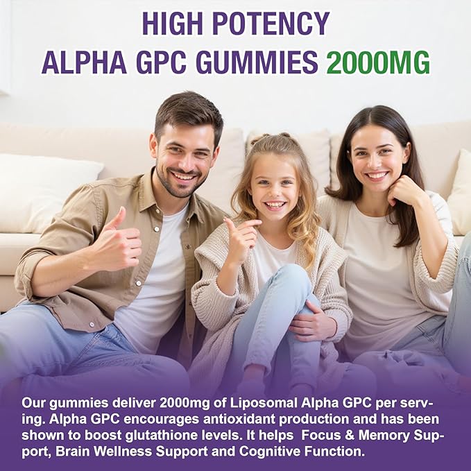 2 Pack Liposomal Alpha GPC 2000mg & Citicoline Gummies Complex Phosphatidylserine,Ginkgo Biloba,L-Tyrosine,Huperzine A & B Vitamins,20-in-1 Blend for Focus, Memory & Cognitive Support