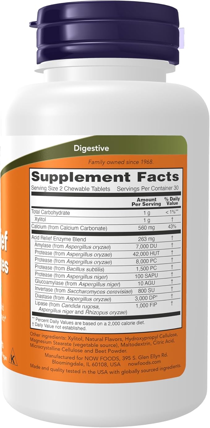 NOW Foods Supplements, Acid Relief with Enzymes, Xylitol Sweetened, Digestive Health*, 60 Chewables