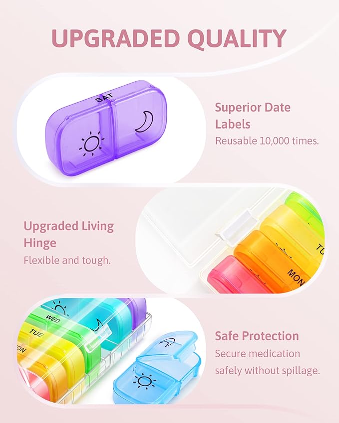 FEATY Weekly Pill Organizer 2 Times a Day with Same-Side Large Opening for Easy Filling & Retrieving, Color Tracking 7 Day AM PM Pill Box with Large BPA Free Pill Case for Vitamins, Fish Oils (Clear)
