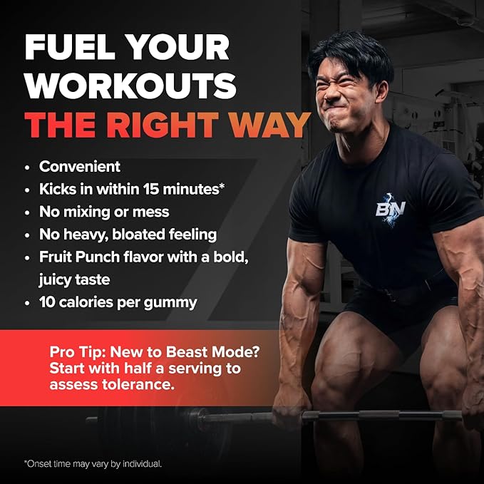 Bounce Pro Beast Mode Pre Workout Gummies with Caffeine, Beta-Alanine & L-Tyrosine for Energy, Focus & Training Intensity (30 Count (Pack of 1), Fruit Punch)