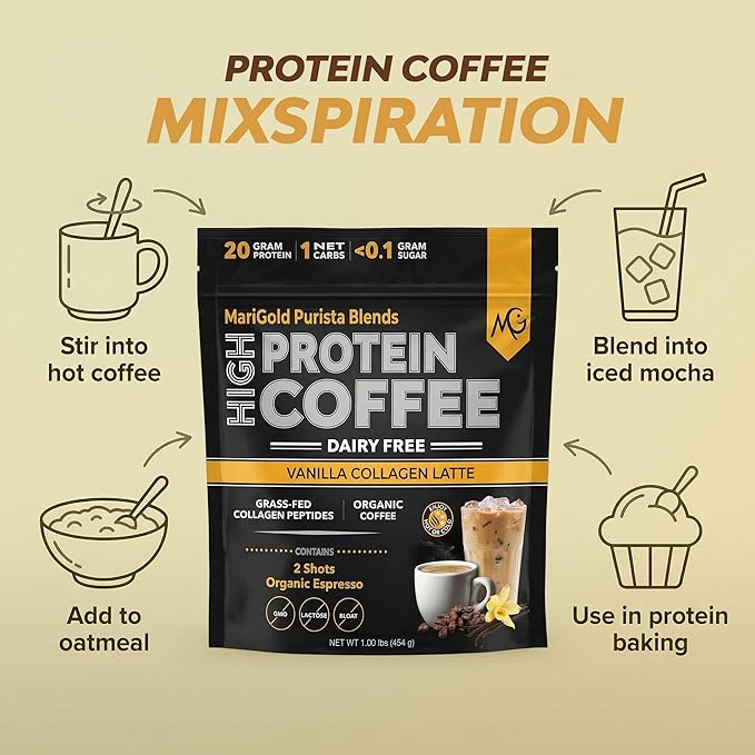 MariGold High Protein Collagen Coffee - Vanilla Collagen Latte, Dairy Free, 20g Grass-Fed Type I & III Collagen Peptides, Energy Boost, 2 Shots Organic Espresso, Non-GMO, 1 Lb Bag, 15 Servings
