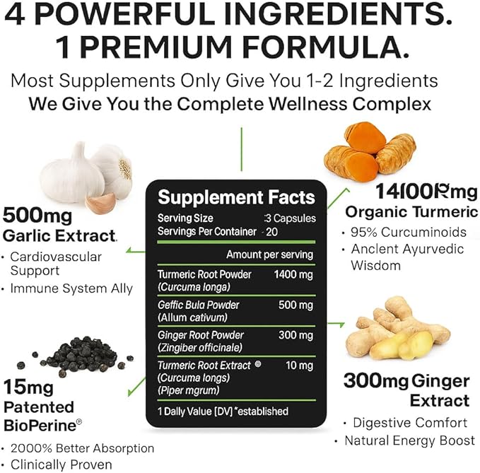Turmeric Curcumin Supplement with BioPerine & Garlic - 2360mg High Potency Turmeric Ginger Root Capsules for Joint Support, Immune Health & Anti Inflammatory - 60 Veggie Caps