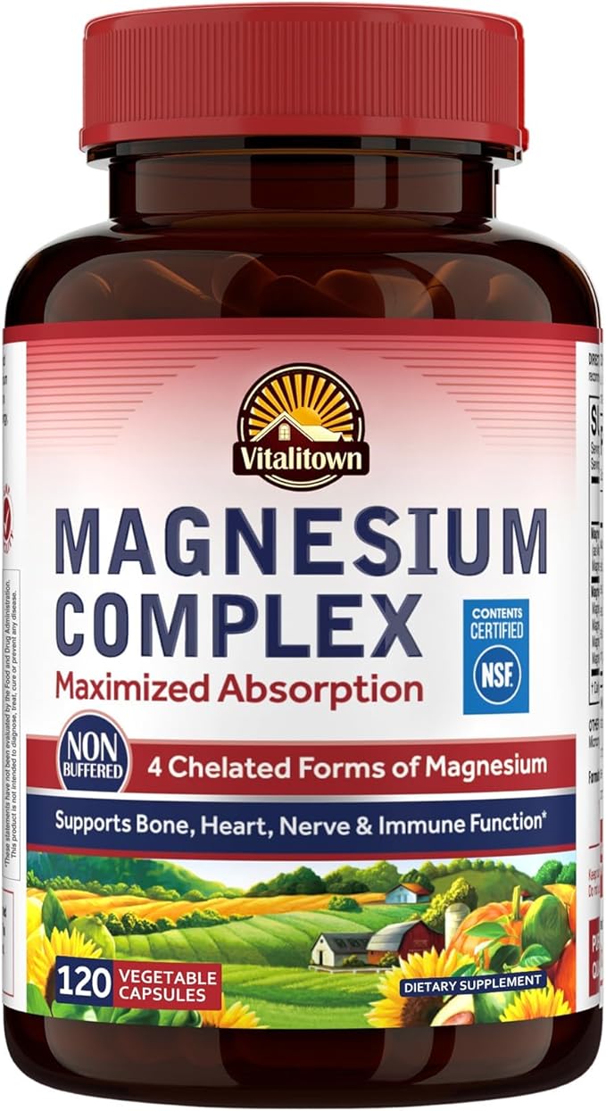Vitalitown Magnesium Complex Supplement 500mg - NSF Certified Magnesium Glycinate, Malate, Taurate & Citrate - Chelated High Absorption & Gentle on Stomach - Vegan Non-GMO 120 Capsules