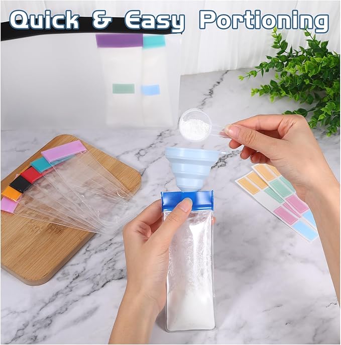 Protein Powder Travel Container Set, Reusable Protein Powder Container Dispenser Supplement with Funnel Spoon Notes 14PCS Single Dose Bags and 2PCS Large Standable Zip Bags for Workout Fitness Travel
