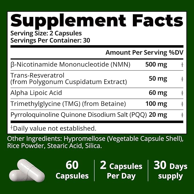 NAD Supplement with Resveratrol - Supports Cellular Energy, Anti-Aging & DNA Repair -Advanced NAD Supplement for Women & Men, Non-GMO, 30-Day Supply