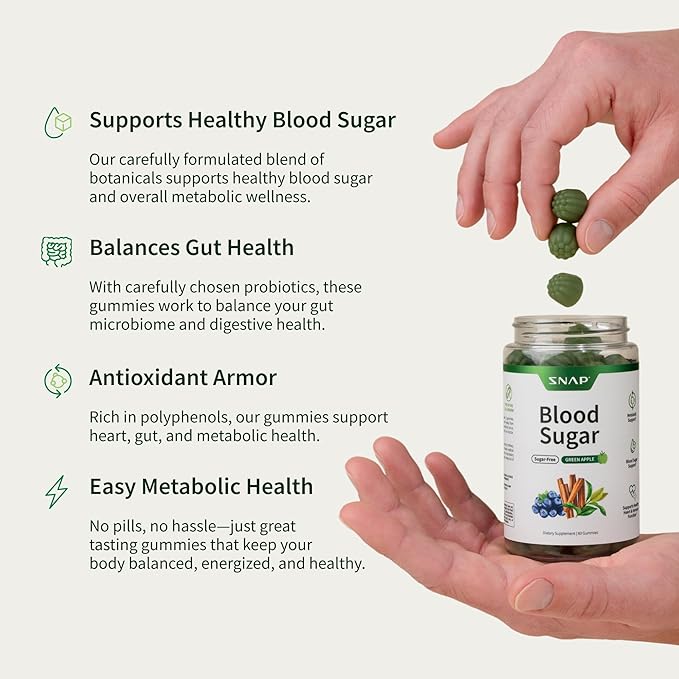 Snap Supplements Blood Sugar Gummies, Support Already Healthy Blood Sugar Levels, Cinnamon Bark and Blueberry Fruit Extract, Green Apple Flavor, 60 Gummies
