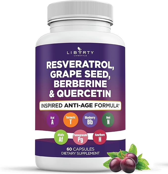 Liberty Lifestyle Resveratrol, Berberine, Grape Seed Extract, Quercetin, Polyphenol Supplement for Women and Men with Noni Extract, N-Acetyl Cysteine, Acai Extract (60 Count)