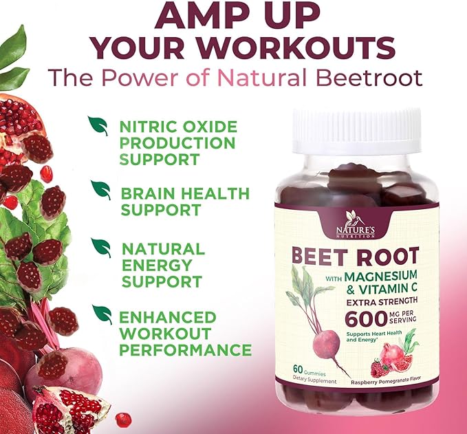 Beet Root Supplement Gummies - Superfood with Beetroot Extract Powder with Vitamin C & Magnesium - Supports Energy Heart Health & Nitric Oxide Production - Red Beets Supplements Gummy - 60 Gummies