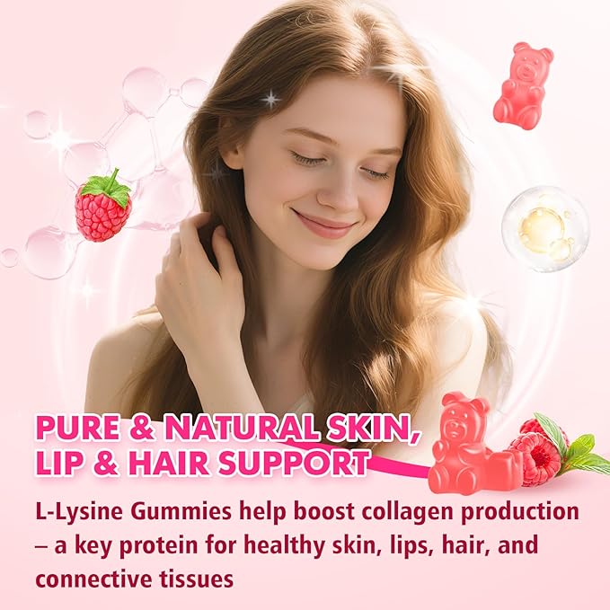 L-Lysine 1000mg Gummies for Immune Support & Skin Health - Vegan, Gluten Free Amino Acid Supplement for Adults, Raspberry Flavor, 120 Gummies