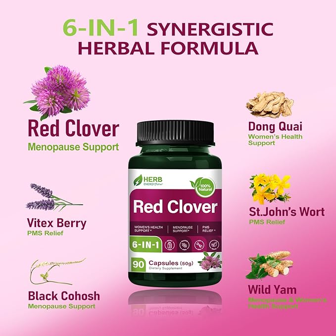 HERBENENERGYflow Red Clover Capsules, 90 Count. Women Health Supplement | Women’s Health Support, Menopause Support & PMS Relief. | Non-GMO, Vegetarian Capsules w/Black Cohosh Dong Quai.