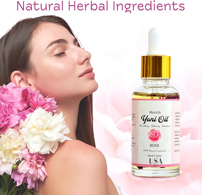 MERICH Natural Yoni Oil for Women | pH Balancing Vaginal Detox Oil, Rose | Rejuvenating Formula for Dark Spots & Ingrown Hair | Odor Eliminator & Gentle Cleansing Feminine Care | 1 oz