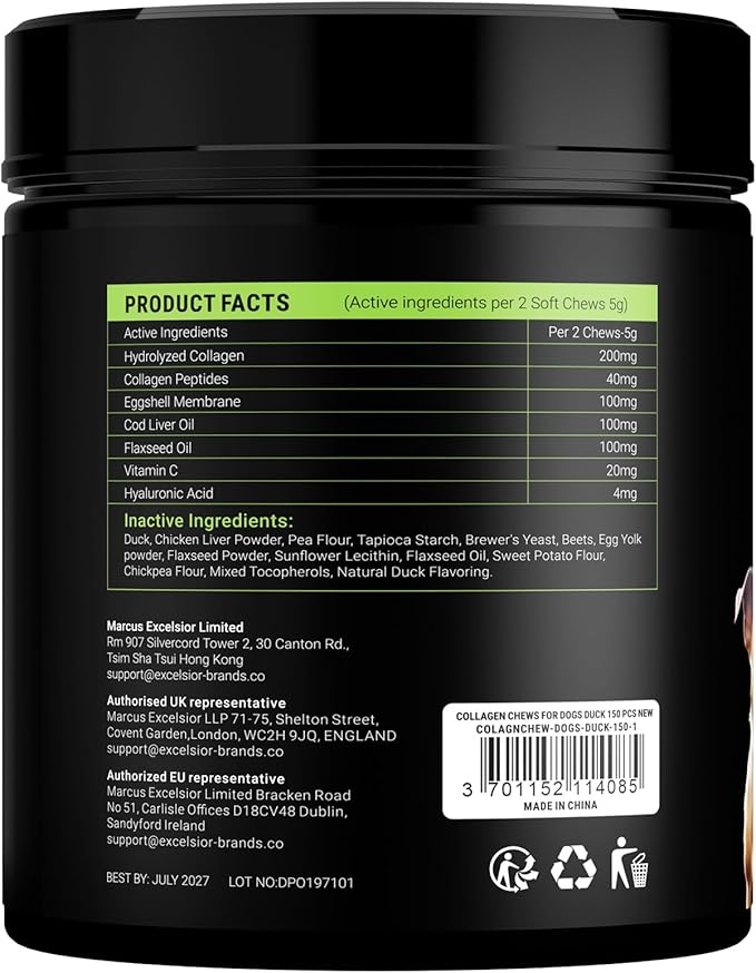 Collagen for Dogs - 150 Chews - Joint, Skin & Coat Supplement with Hyaluronic Acid, Eggshell Membrane & Vitamin C - Daily Hip & Joint Support for Senior Dogs & Puppies - Duck
