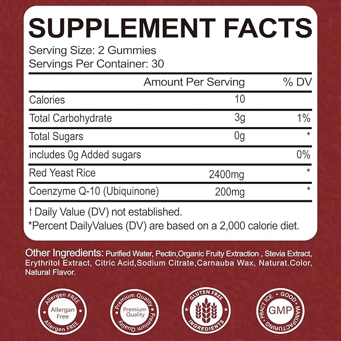 Premium Red Yeast Rice with CoQ10 Gummies for Heart & Cholesterol Support | Sugar Free, Strawberry Flavor | 60 Gummies (30 Day Supply) | Vegan, Non-GMO