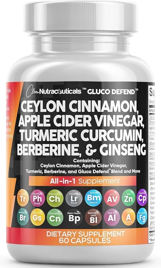 Clean Nutraceuticals Ceylon Cinnamon Capsules + Berberine Turmeric Apple Cider Vinegar Ginseng Bitter Melon Gymnema Milk Thistle Fenugreek Supplement Pills Powder for Men & Women