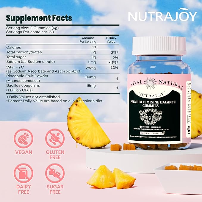 Premium Feminine Balance Gummies, for Women's Ph Health, Vaginal Wellness Support, Immune Support, Energy Support, Hawaiian Pineapple, Vegan Gluten-Free, 60 Gummies