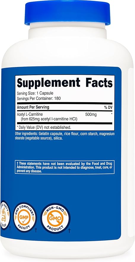 Nutricost Acetyl L-Carnitine (ALCAR) 500mg, 180 Capsules, 180 Servings - Non-GMO and Gluten Free, 1 Capsule per Serving