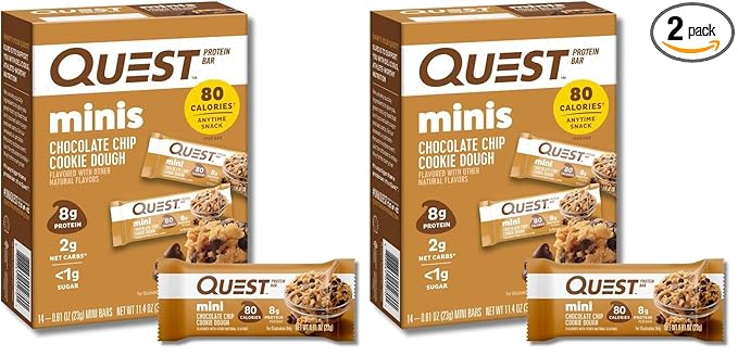 Quest Nutrition Mini Chocolate Chip Cookie Dough Protein Bars,8g Protein,1g Sugar,2g Net Carbs,Gluten Free,14 Count (Pack of 2)