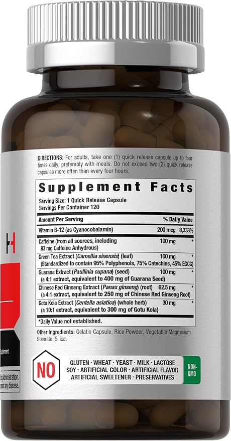 Horbäach Energy Supplement | 120 Capsules | with Caffeine, Ginseng & Vitamin B12 | Daily Energy Booster Pills | Non-GMO, Gluten Free
