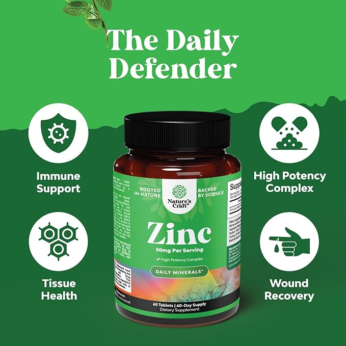 Zinc 50mg Immune Support Supplement - Zinc Complex Supplement for Immune System and to Enhance Hair Skin and Nails Vitamins - Easy to Swallow Potent Daily Tablets for Adults - 60 Count
