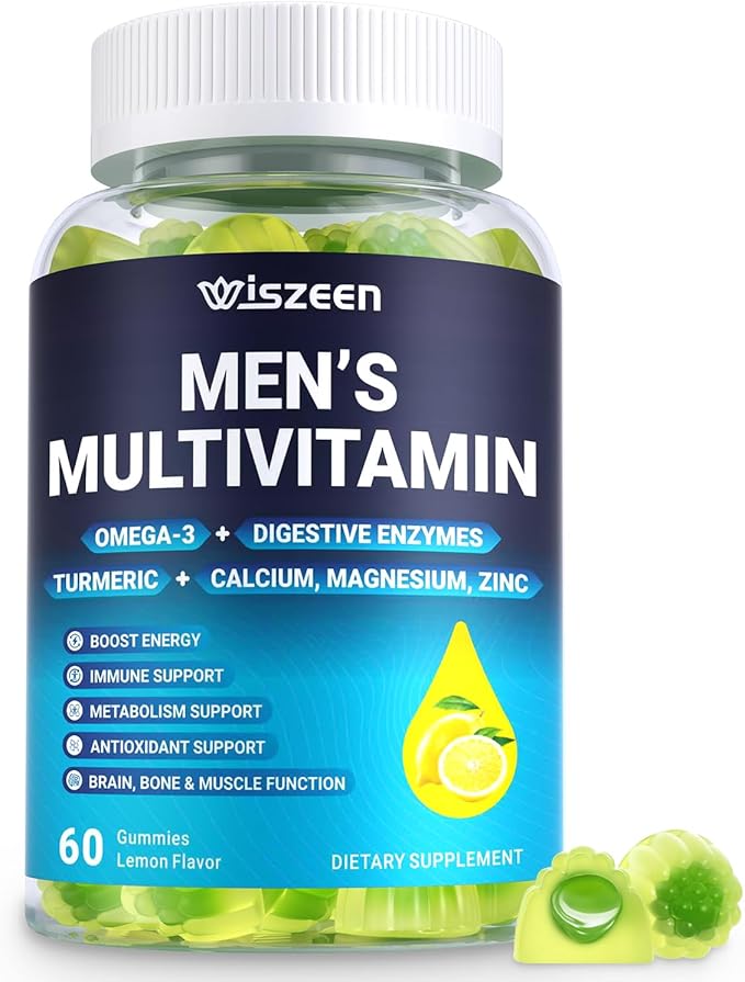 Mens Multivitamins Gummies with Vitamins A C D K E, B Complex, Omega-3, Digestive Enzymes, Lycopene, Calcium, Magnesium, Zinc - Support Brain, Muscle, Energy, Sugar Free, Vegan, 60Cts