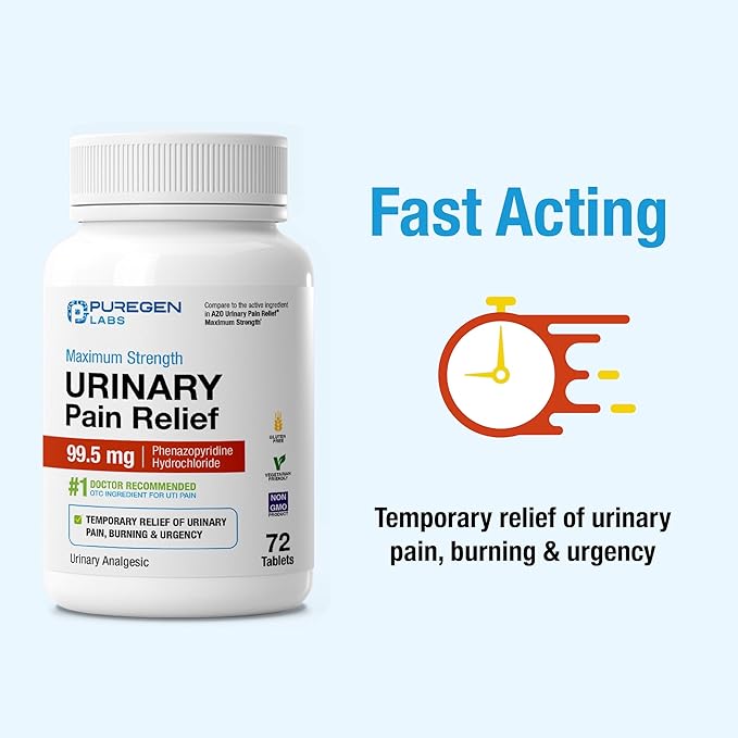 Puregen Labs Urinary Pain Relief | Phenazopyridine HCl 99.5mg Tablets | Maximum Strength OTC for Fast Relief of UTI Pain, Burning and Bladder discomfort – 72 Count Tablets