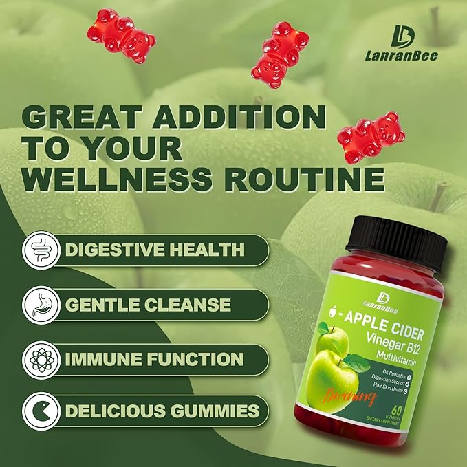 LanranBee Apple Cider Vinegar Gummies 1000mg with Vitamins B12 Multivitamin ACV Supplement Gummy – Supports Digestion, Energy, Weight Management & Gut Health – Vegan, Non-GMO, Gluten-Free – 60 Count