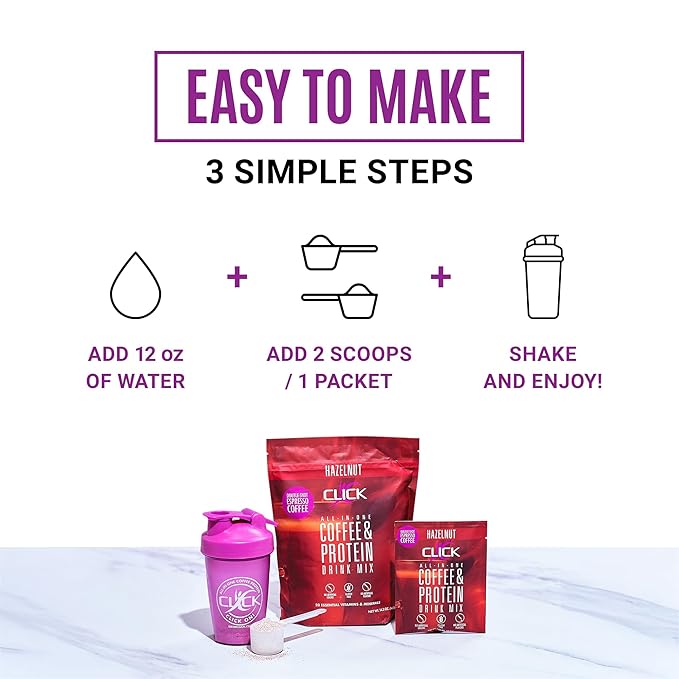 Click Coffee Protein Powder | Double Shot Espresso | 16g Protein | 23 Essential Vitamins | Low Calorie Meal Replacement | 150mg Caffeine | Gluten Free | No Artificial Flavors or Colors | Hazelnut