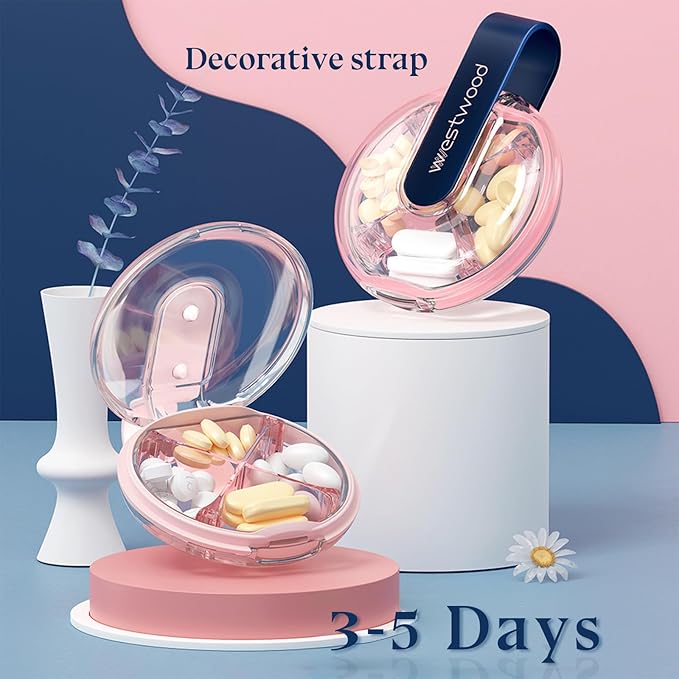 HyJeryty Easy-Grip Round Small Pill Organizer - 4 Compartment Travel Case Compact Pill Box with Strap, Portable and Moistureproof for Vitamins/Medication/Supplements(Pink)