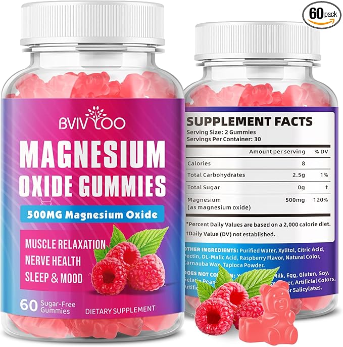 Magnesium Oxide 500mg Gummies for Vegan Sugar-Free Raspberry Flavor, Muscle Recovery, Nerve Health & Relaxation, 60 Gummies (Non-GMO, Gluten & Allergen Free)
