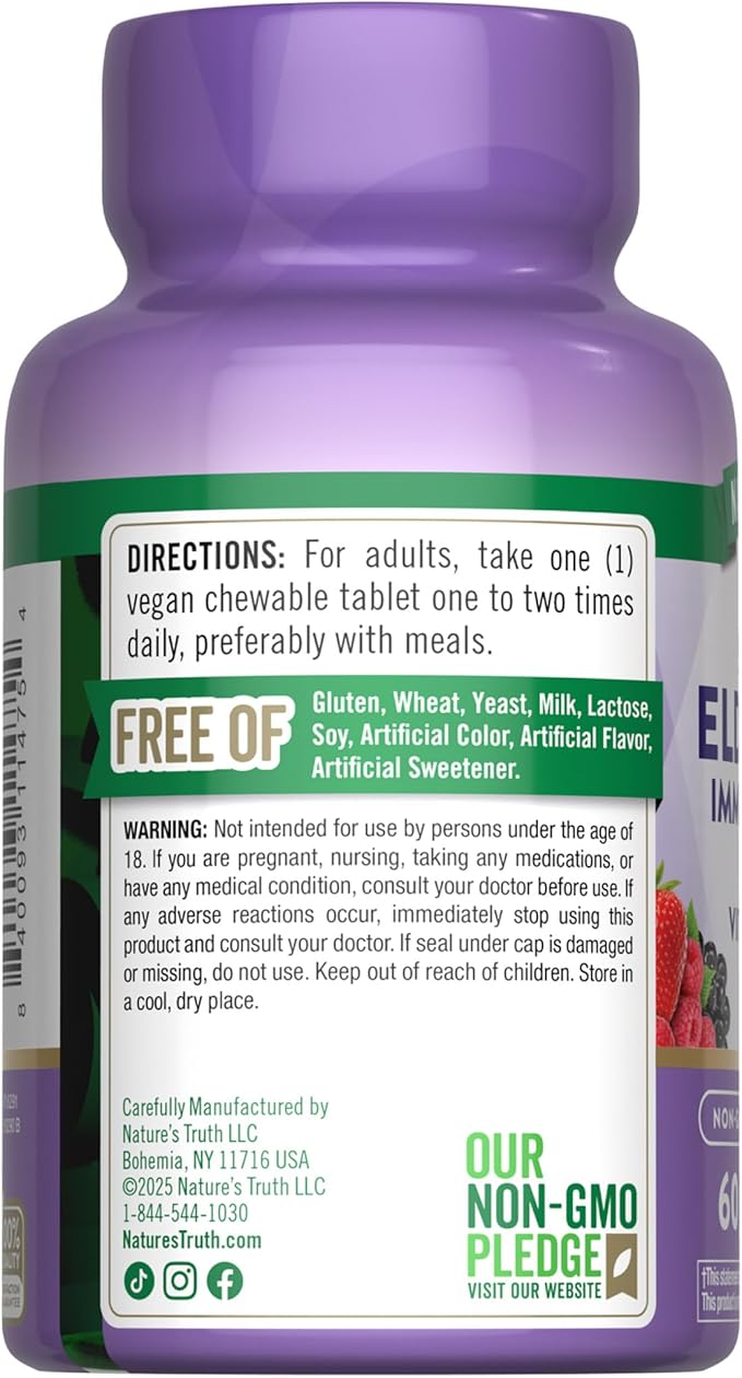 Nature's Truth Elderberry Immune Complex | 60 Chewable Tablets | Plus Vitamin C & Zinc | Mixed Berry | Vegan, Non-GMO, & Gluten Free Supplement
