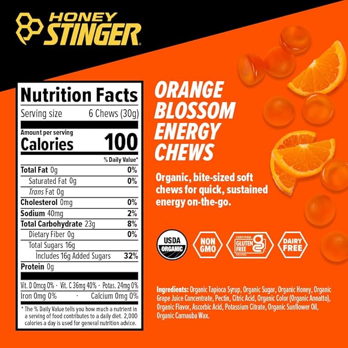 Honey Stinger Organic Orange Blossom Energy Chew, Gluten Free & Caffeine Free, for Exercise, Running and Performance, Sports Nutrition for Home & Gym, Pre and Mid Workout, 21.6 Ounces (Pack of 12)